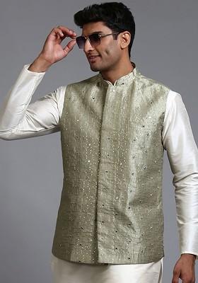 Green Embellished Poly Blend Nehru Jacket For Men