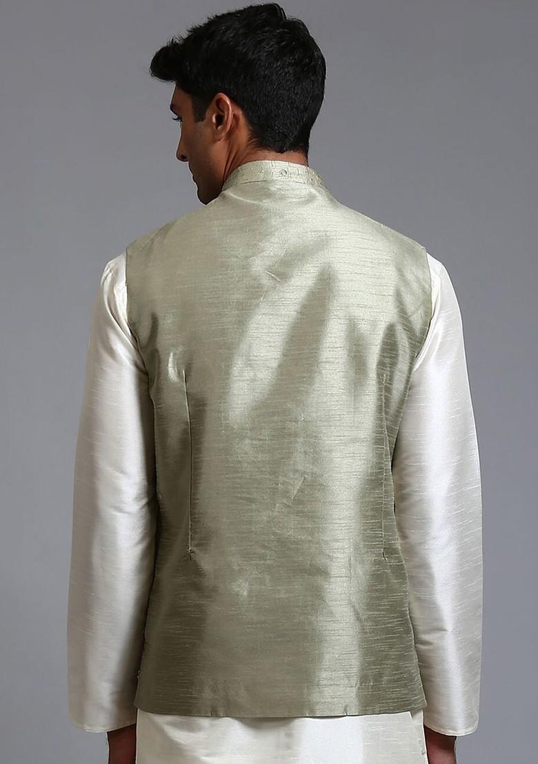 Green Embellished Poly Blend Nehru Jacket For Men