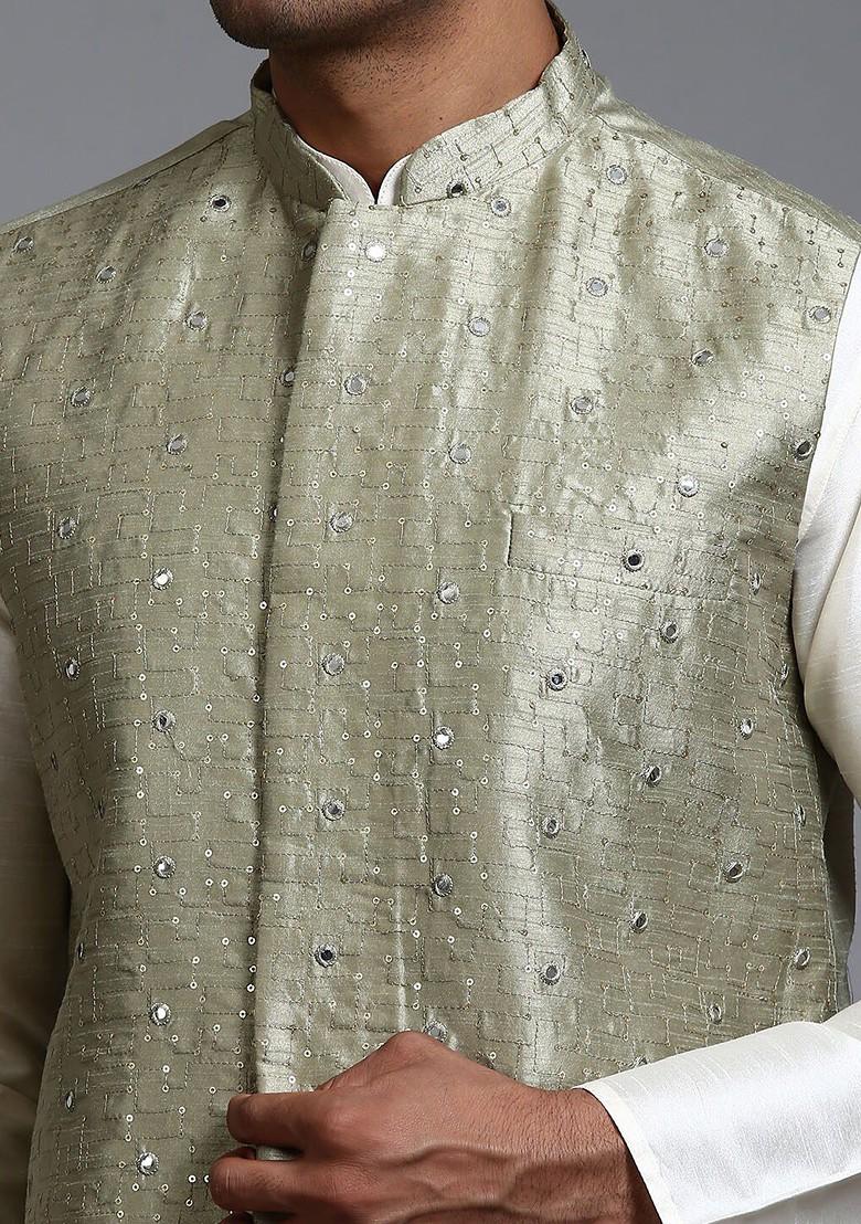Green Embellished Poly Blend Nehru Jacket For Men