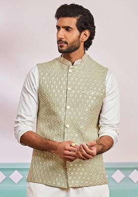Green Embroidered Poly Blend Nehru Jacket For Men