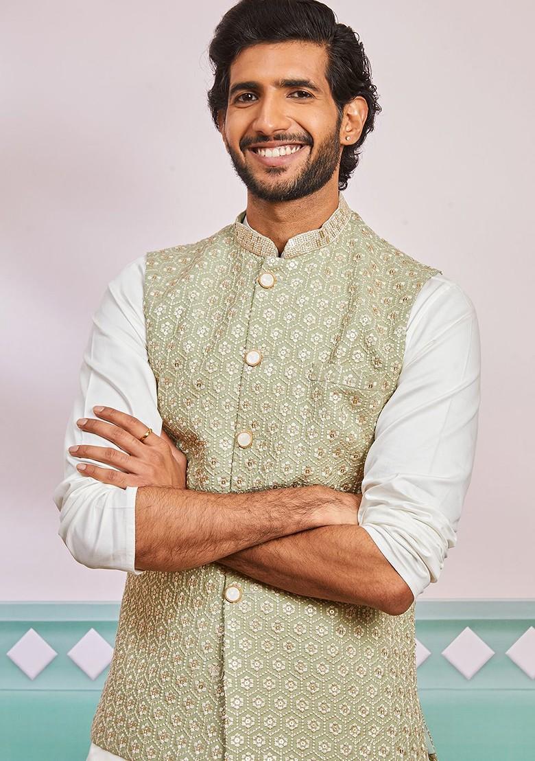 Green Embroidered Poly Blend Nehru Jacket For Men
