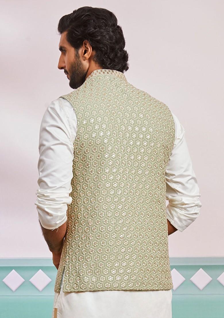 Green Embroidered Poly Blend Nehru Jacket For Men