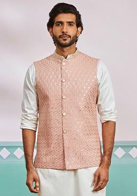 Peach Floral Print Poly Blend Nehru Jacket For Men