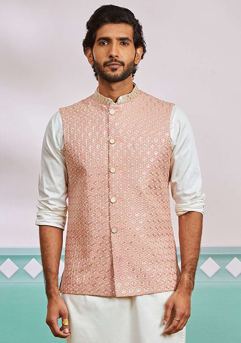 Peach Floral Print Poly Blend Nehru Jacket For Men - Indya
