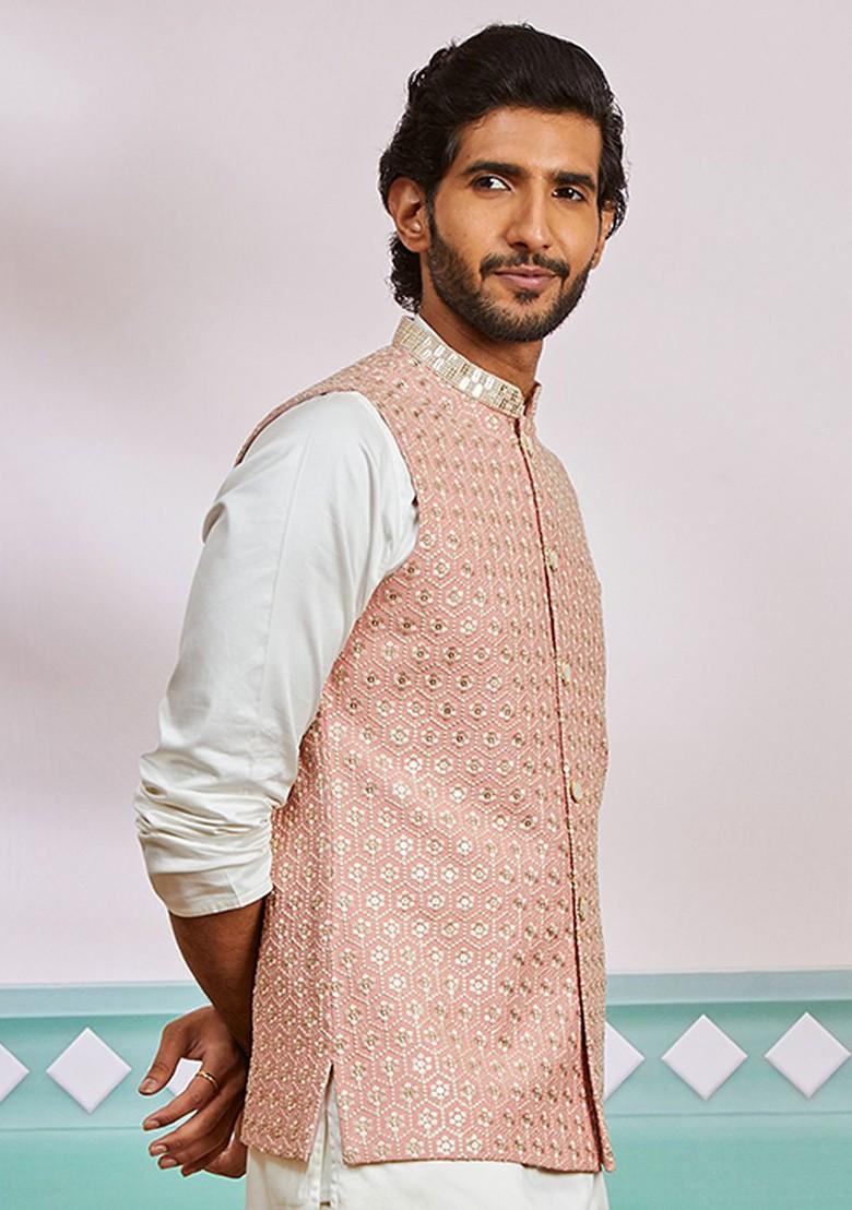 Peach Floral Print Poly Blend Nehru Jacket For Men