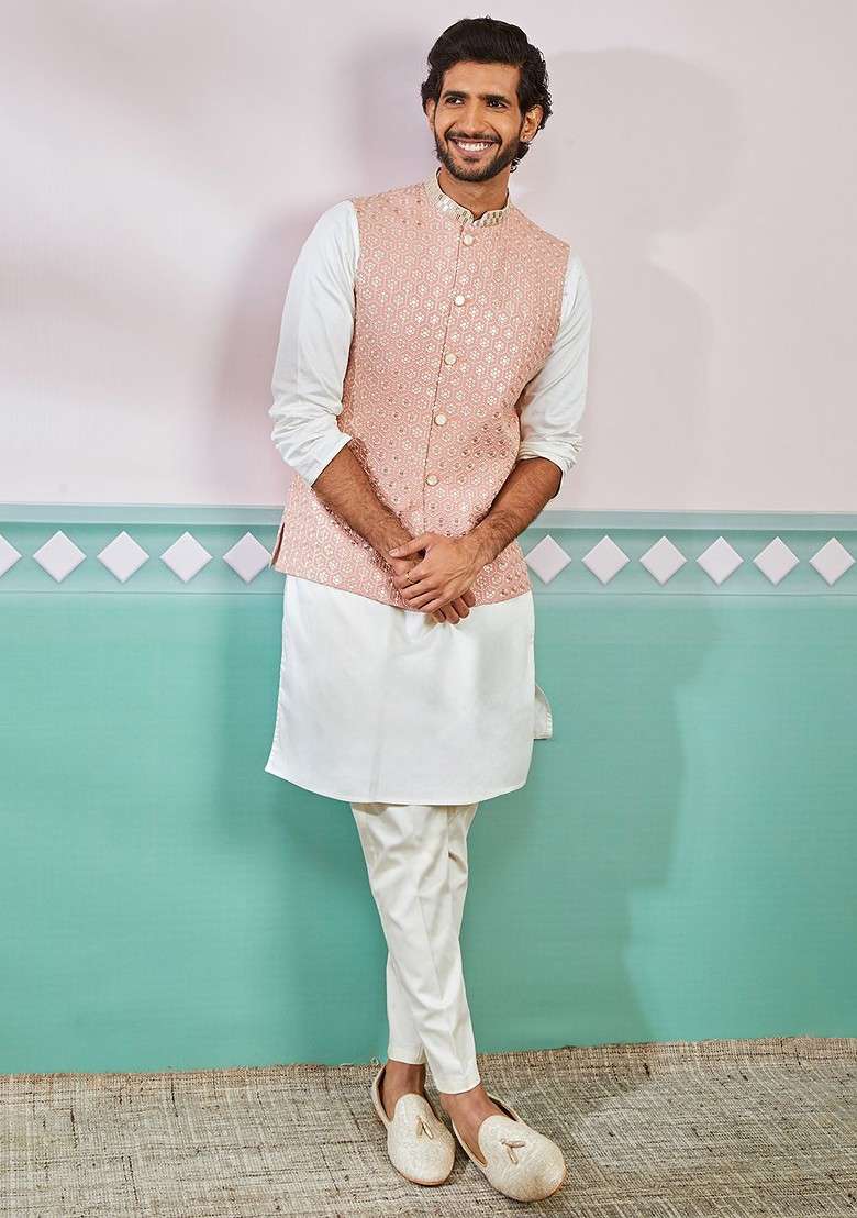 Peach Floral Print Poly Blend Nehru Jacket For Men - Indya