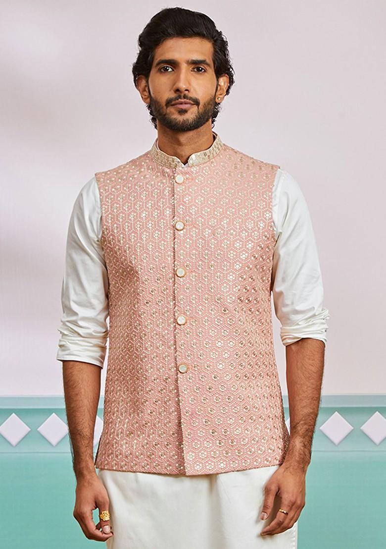 Peach Floral Print Poly Blend Nehru Jacket For Men