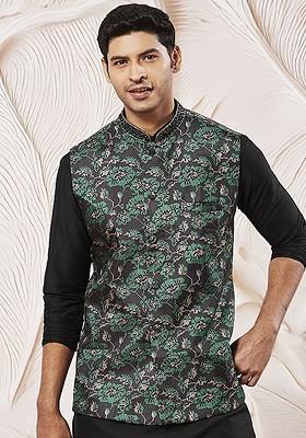 Green Embroidered Poly Blend Nehru Jacket For Men