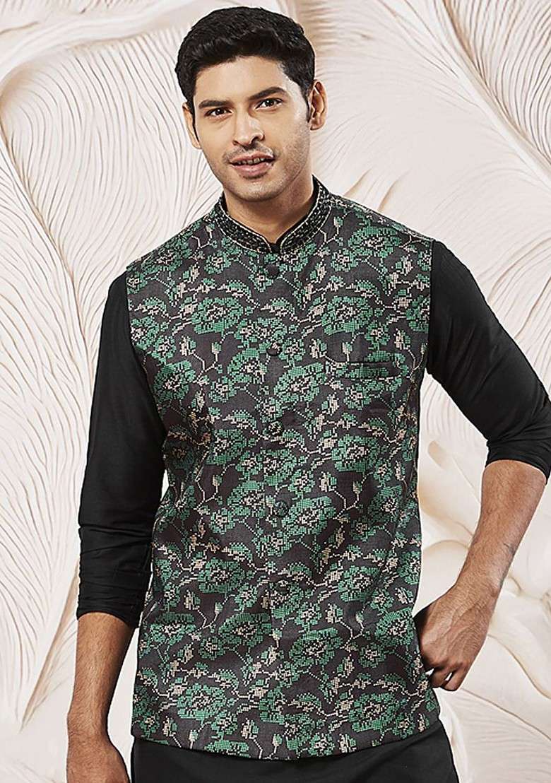 Green Embroidered Poly Blend Nehru Jacket For Men - Indya