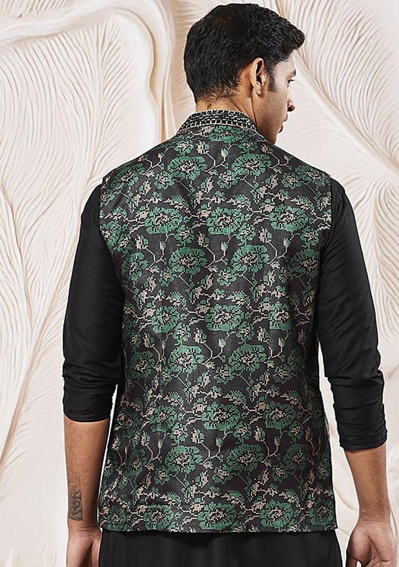 Green Embroidered Poly Blend Nehru Jacket For Men