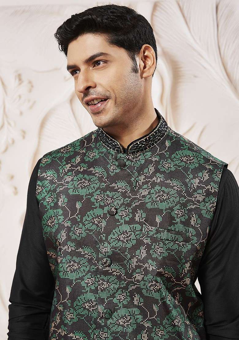 Green Embroidered Poly Blend Nehru Jacket For Men - Indya