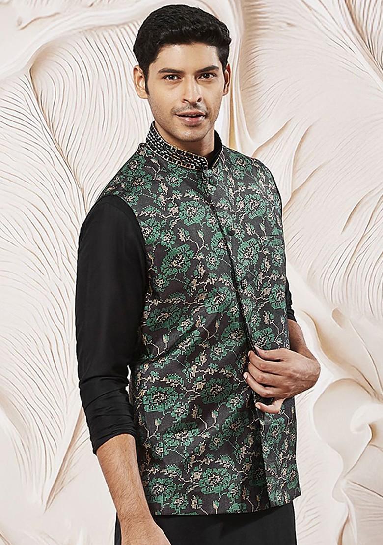 Green Embroidered Poly Blend Nehru Jacket For Men