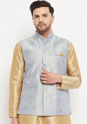Grey Woven Poly Blend Nehru Jacket For Men