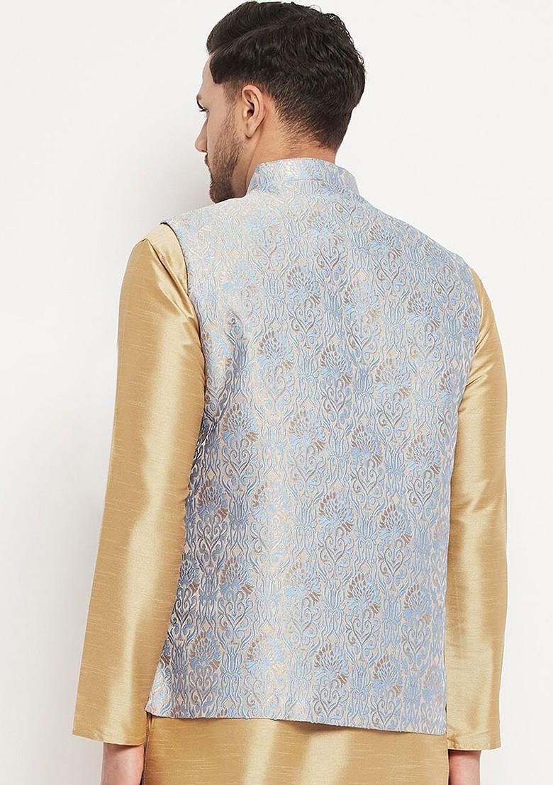 Grey Woven Poly Blend Nehru Jacket For Men