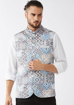 Grey Printed Poly Blend Nehru Jacket For Men