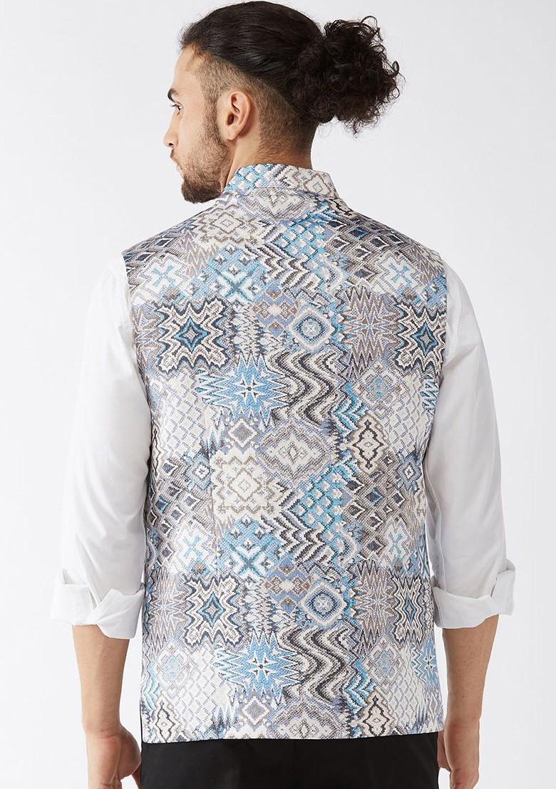 Grey Printed Poly Blend Nehru Jacket For Men