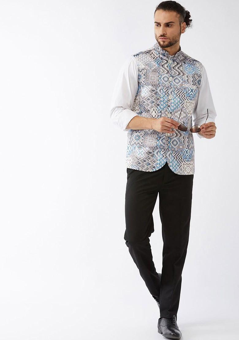 Grey Printed Poly Blend Nehru Jacket For Men