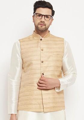 Beige Woven Poly Blend Nehru Jacket For Men