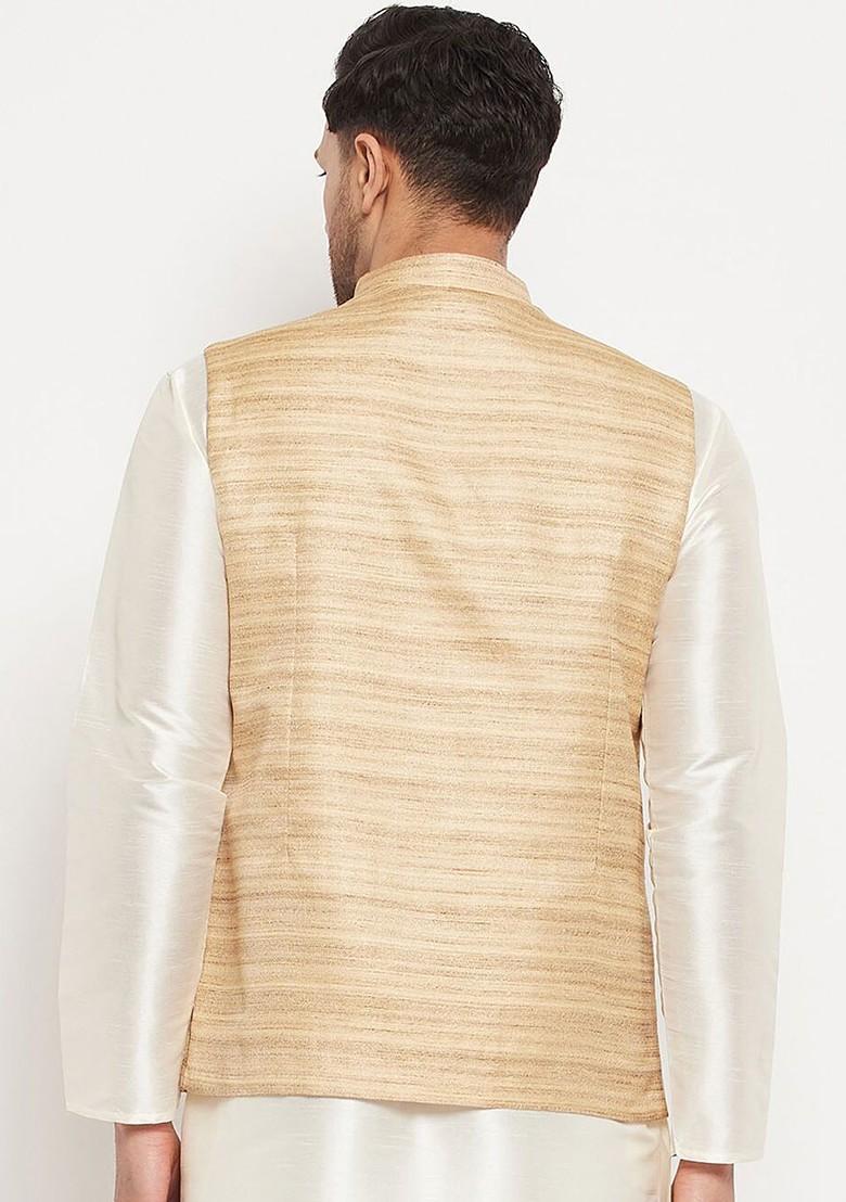 Beige Woven Poly Blend Nehru Jacket For Men