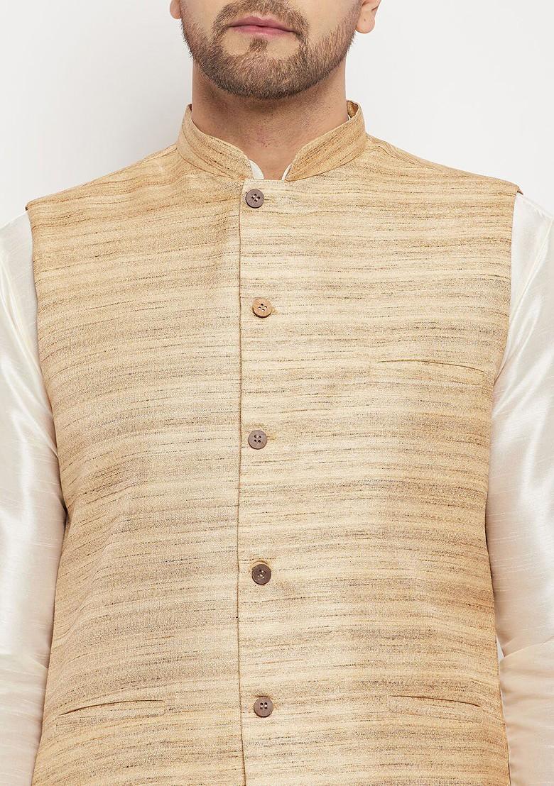 Beige Woven Poly Blend Nehru Jacket For Men