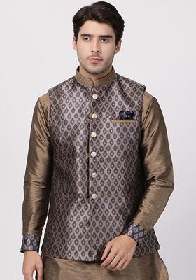 Blue Woven Poly Blend Nehru Jacket For Men