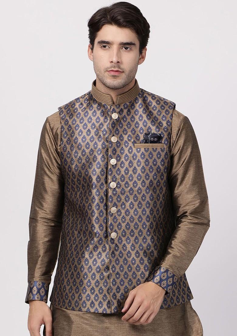 Blue Woven Poly Blend Nehru Jacket For Men