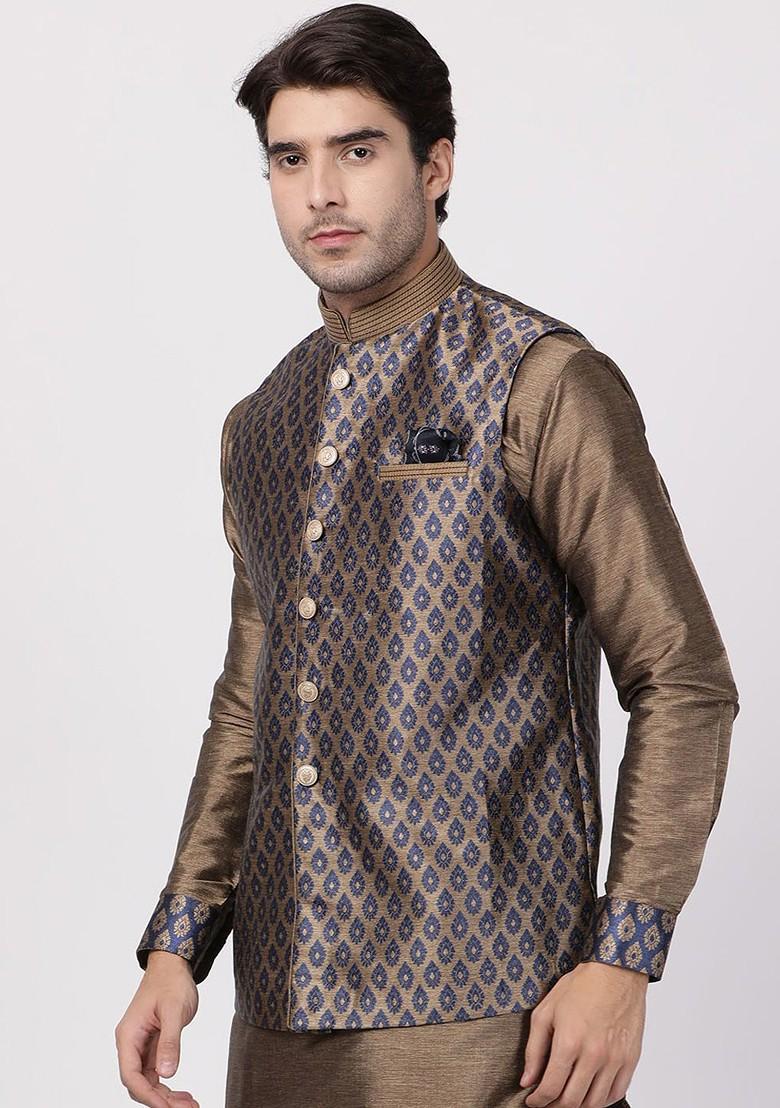 Blue Woven Poly Blend Nehru Jacket For Men
