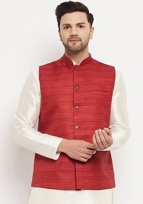 Maroon Woven Poly Blend Nehru Jacket For Men