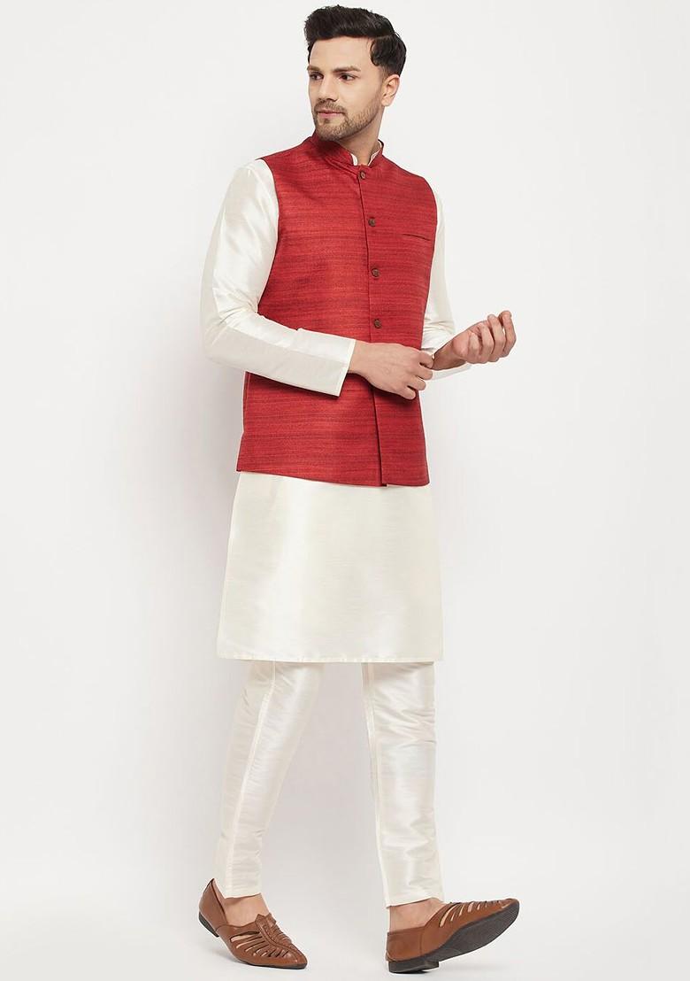 Maroon Woven Poly Blend Nehru Jacket For Men