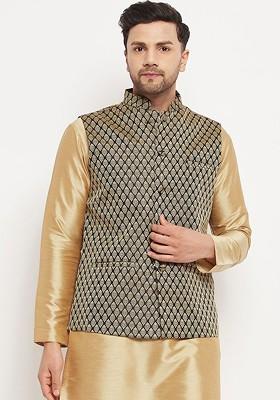 Black Woven Poly Blend Nehru Jacket For Men