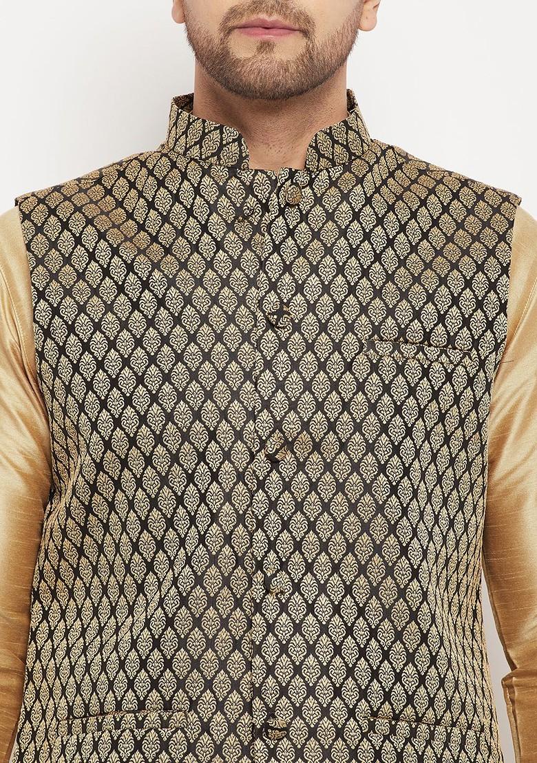 Black Woven Poly Blend Nehru Jacket For Men