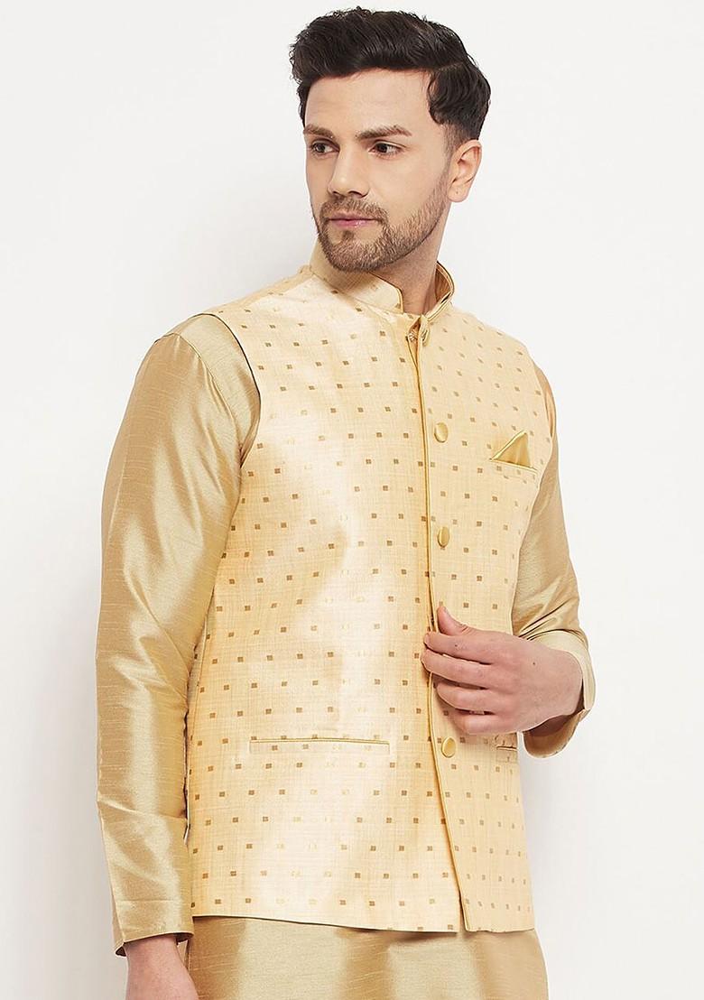 Gold Woven Poly Blend Nehru Jacket For Men