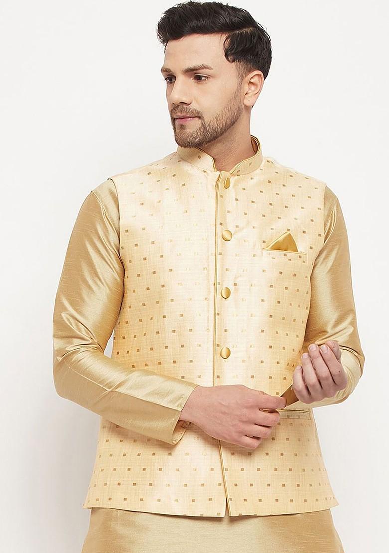 Gold Woven Poly Blend Nehru Jacket For Men