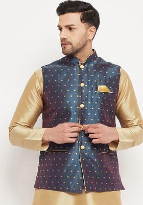Blue Woven Poly Blend Nehru Jacket For Men