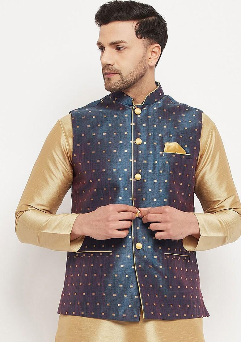 Blue Woven Poly Blend Nehru Jacket For Men