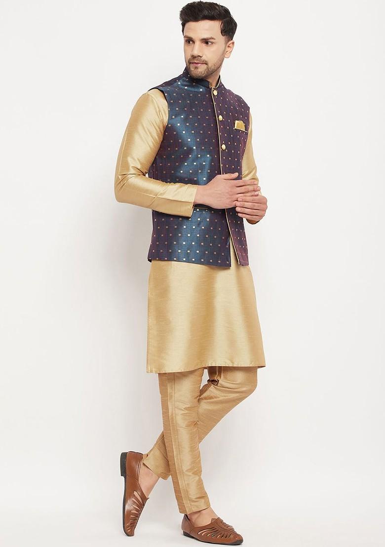 Blue Woven Poly Blend Nehru Jacket For Men