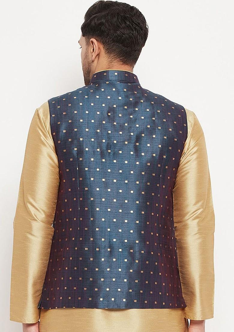 Blue Woven Poly Blend Nehru Jacket For Men