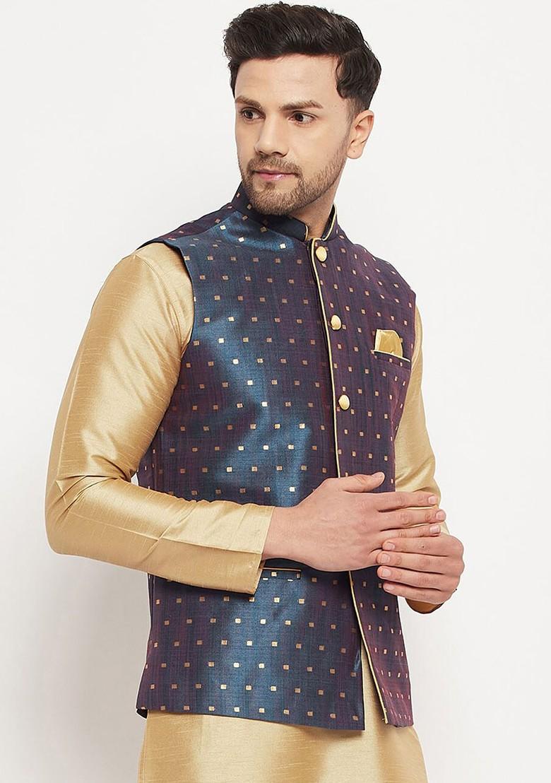 Blue Woven Poly Blend Nehru Jacket For Men