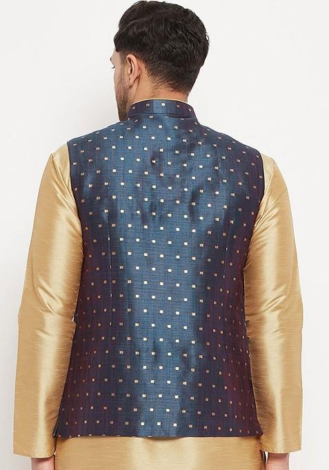 Blue Woven Poly Blend Nehru Jacket For Men