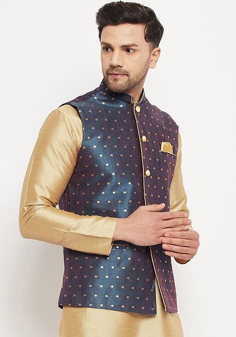 Blue Woven Poly Blend Nehru Jacket For Men