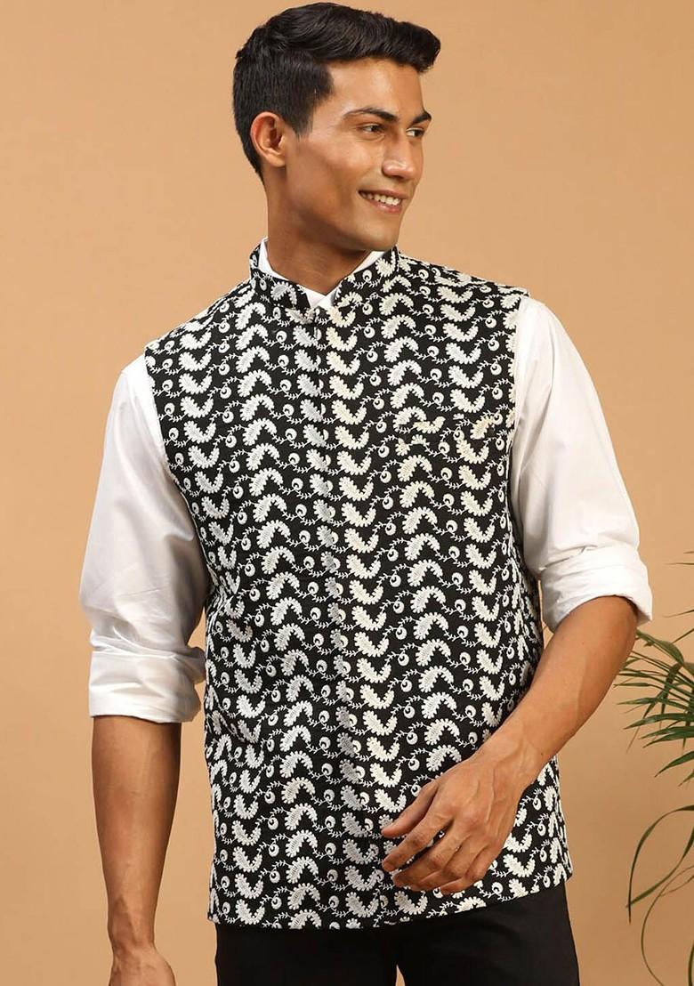 Black Woven Cotton Nehru Jacket For Men