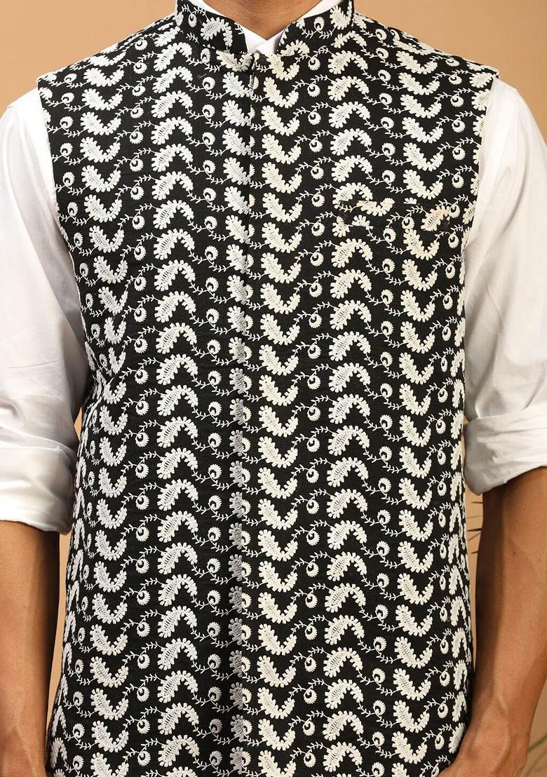 Black Woven Cotton Nehru Jacket For Men