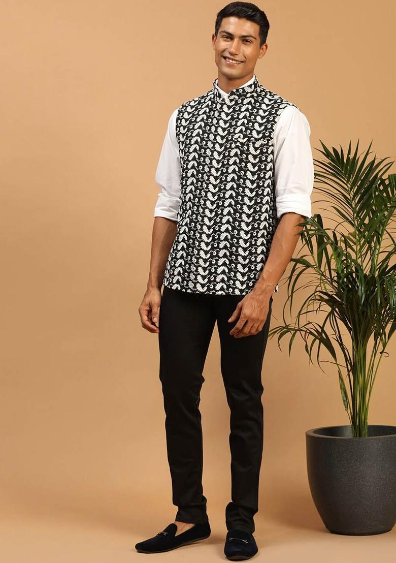 Black Woven Cotton Nehru Jacket For Men