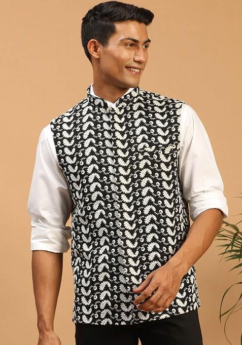 Black Woven Cotton Nehru Jacket For Men