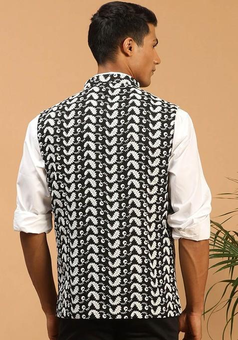 Black Woven Cotton Nehru Jacket For Men