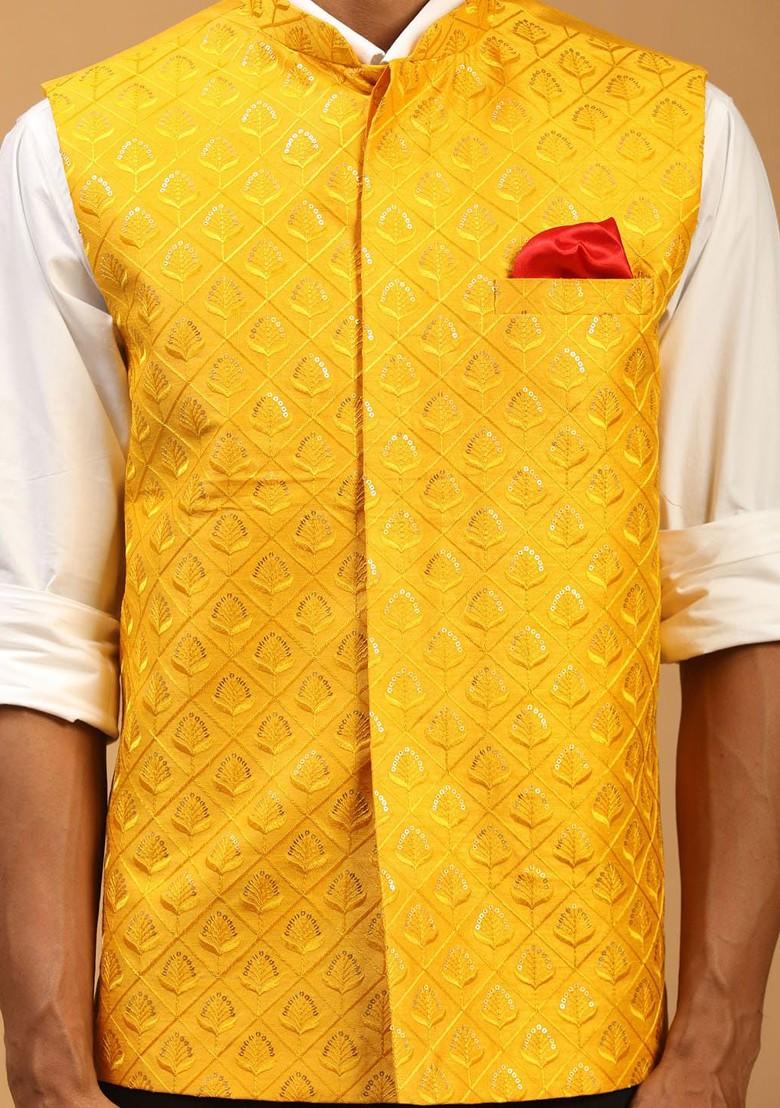 Yellow Embroidered Silk Nehru Jacket For Men
