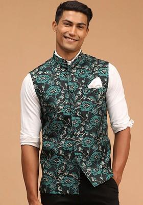 Green Printed Poly Blend Nehru Jacket For Men