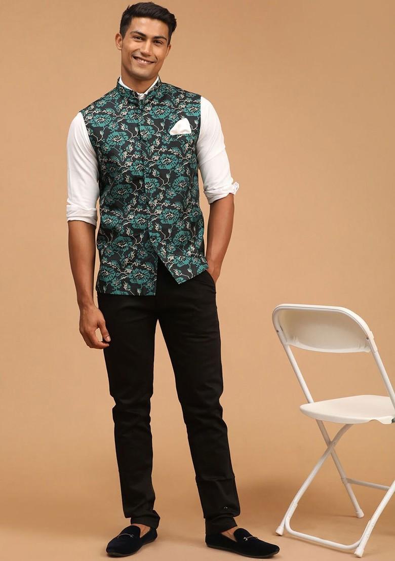 Green Printed Poly Blend Nehru Jacket For Men