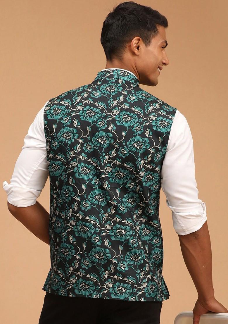 Green Printed Poly Blend Nehru Jacket For Men