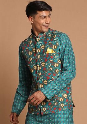Green Printed Poly Blend Nehru Jacket For Men